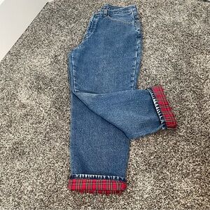 L.L. Bean Blue Straight Leg Jeans with Red Plaid Cuffs